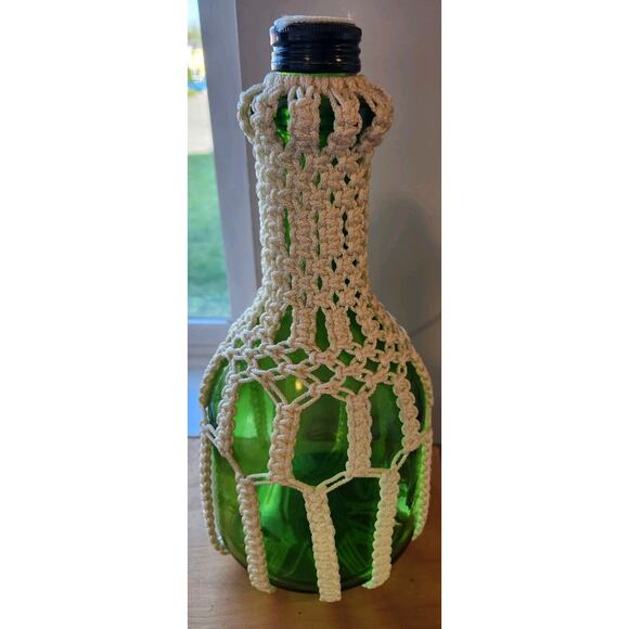 Vtg Retro Boho Macrame Green Wine Bottle French Country Farmhouse Decor - Picture 9 of 9